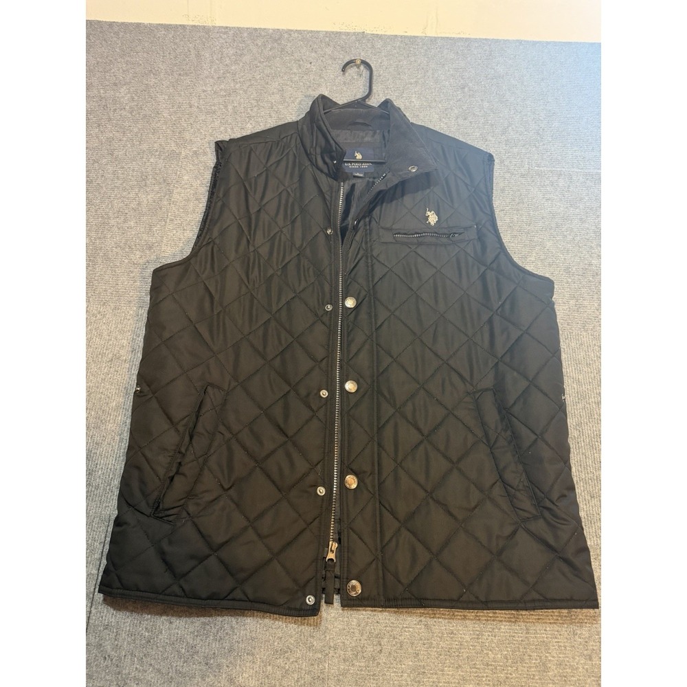 US Polo Assn Mens Quilted Vest Black Diamond Stitch Zip Snap Front Large L